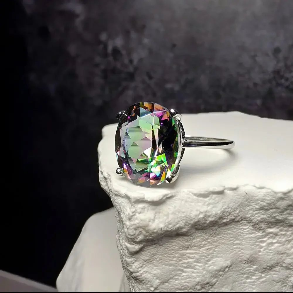 Genuine Oval Mystic Topaz Solitaire Ring in 925 Sterling Silver – Size 8
